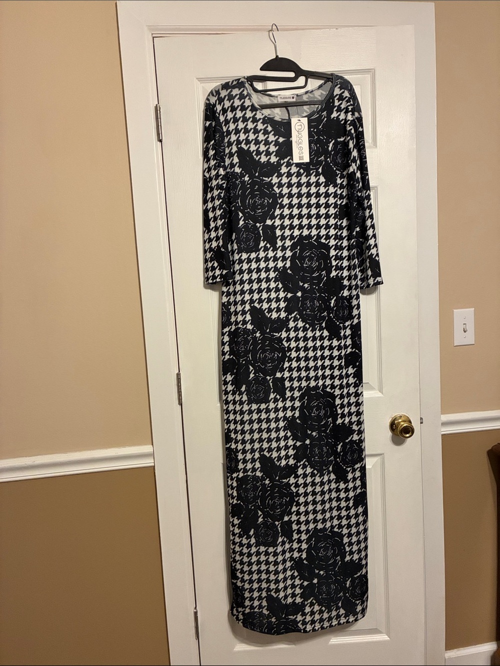 Black and White Houndstooth Maxi Dress with Floral Overlay